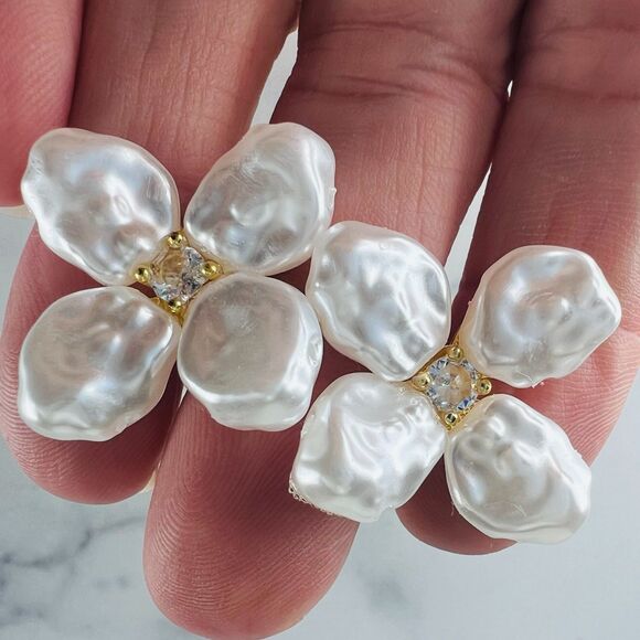 Faux Ivory Freshwater Baroque Pearl Earrings with Prong Set Crystal Gold Plate - Picture 2 of 5